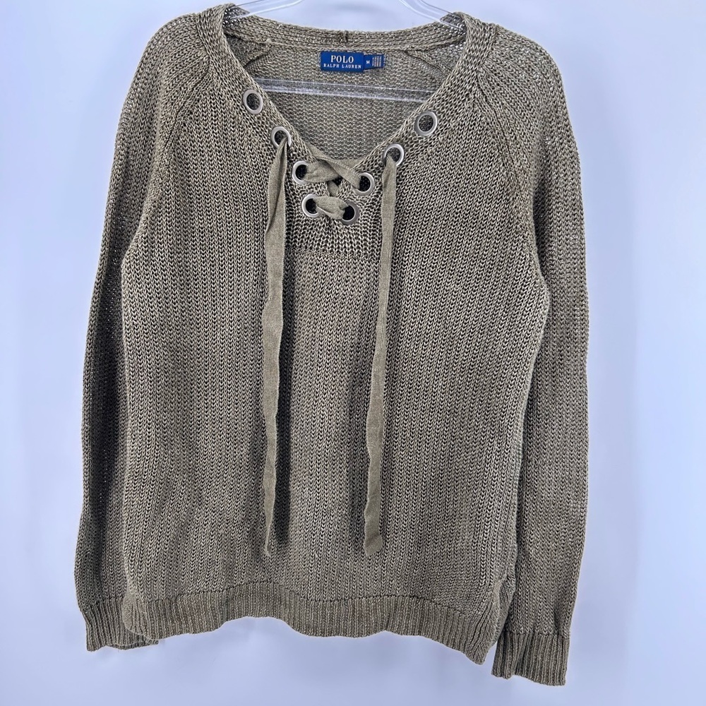 Polo Ralph Lauren Green Open Knit 100% Linen Tie Detail Pullover Sweater Medium